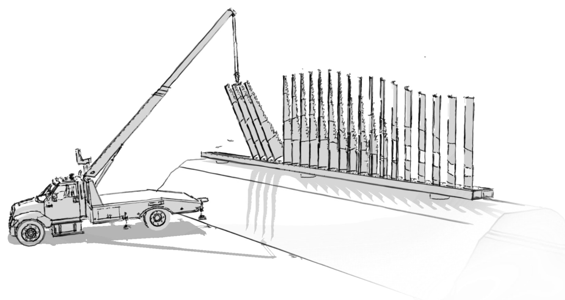 Installation drawing: a crane truck lifting sections onto the base