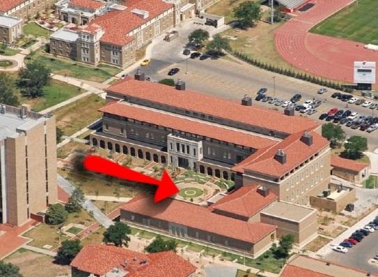 Aerial view of the campus with the courtyard marked